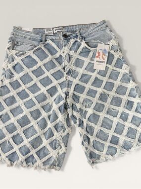 Aphrodite Light Blue Denim Shorts with White Frayed Lattice